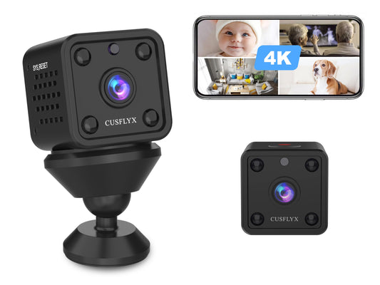 4K mini camera, CUSFLYX Cloud WIFI portable surveillance camera, battery operated, motion detection, IR night vision, nanny pet home office garage, wide angle, easy installation TF card recording.