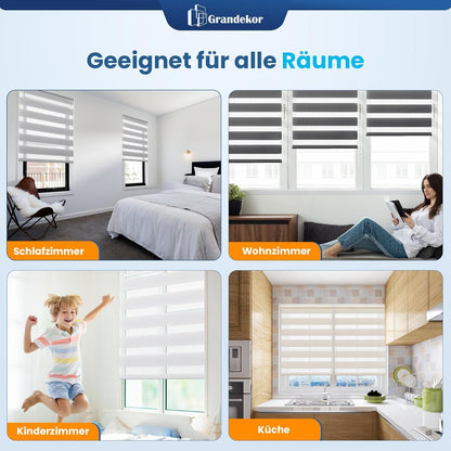 Grandekor Double Roller Blind Clamp Fix without drilling Light Grey 85x210cm (fabric width 81cm) Window blinds for indoor Clamping blinds Duo blinds for windows without drilling with drilling Privacy protection UV protection Zebra blind