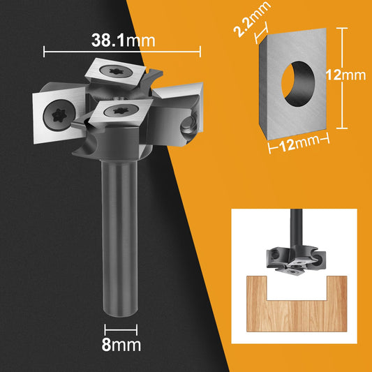 SpeTool 8mm shank 38.1mm diameter planing cutter for router planer cutter for wood with inserts 2+2 flutes CNC router surface planer flatten bit.