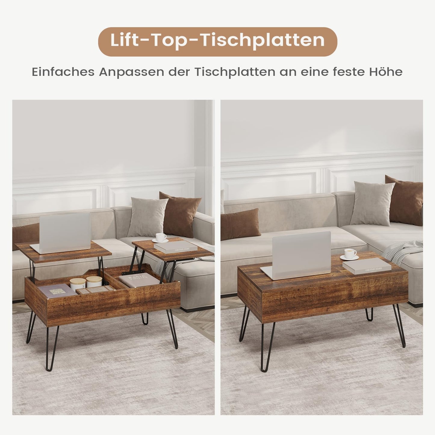 WOLTU coffee table, height-adjustable living room table, extending, retractable coffee table, separate hidden storage compartment, double lifting plate, vintage brown sofa table, wood composite, metal.