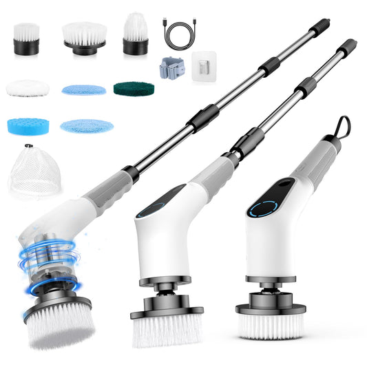 Electric cleaning brush, 8 in 1 with interchangeable brush heads, mop set, adjustable handle for bathroom, kitchen, car, and floors.