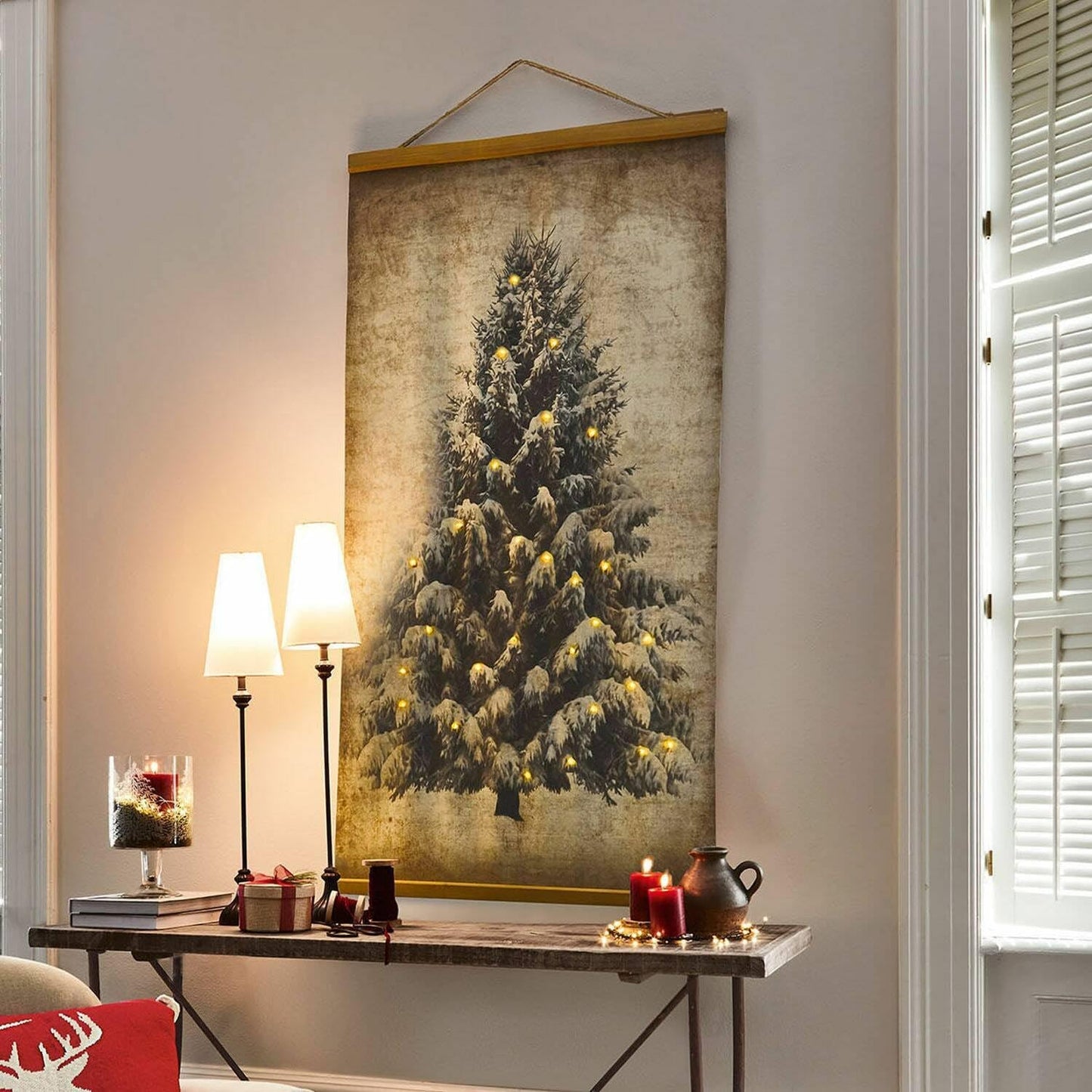 Loberon picture with LED lights, fir tree motif, antique finish, holiday decoration, Christmas decoration, cotton, fir wood, jute, beige/brown.