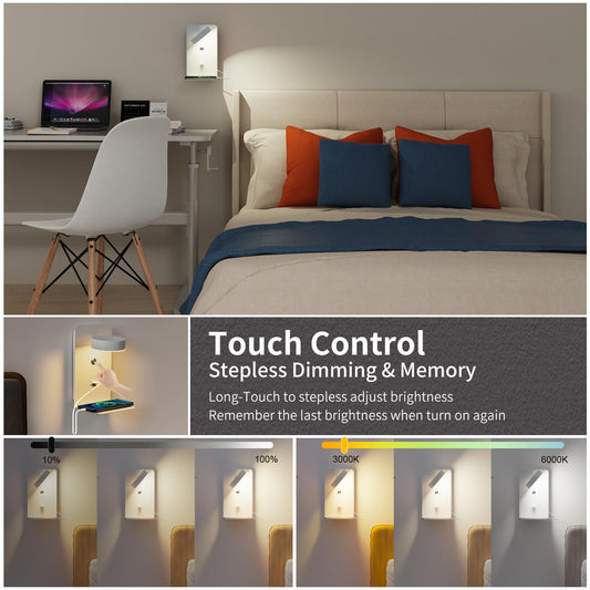 2 pieces of indoor LED wall lights with USB charging port, 12W touch dimmable wall lamp with switch & plug, 350° rotatable reading light wall mounted for bedroom bedside, living room, study hotel.