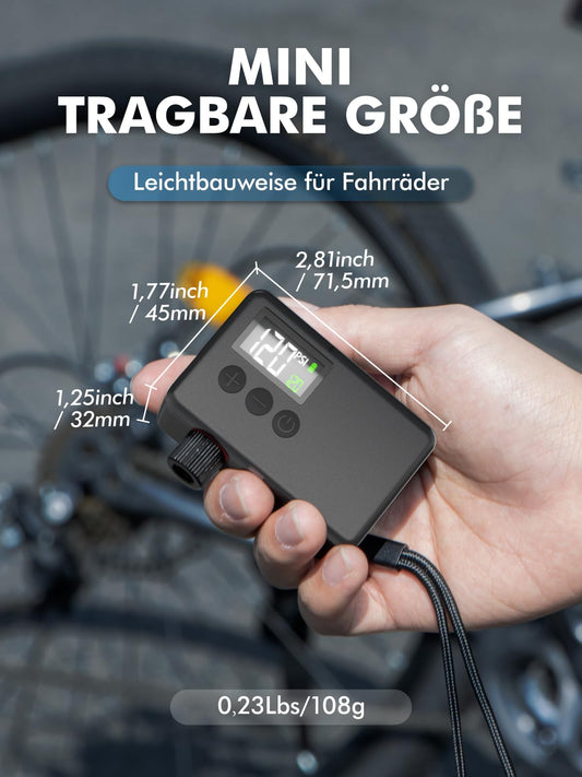 GPUTEK Electric Bike Pump, Bike Accessory 120 PSI cordless bike pump with pressure gauge, auto-off, and LED light. For e-bikes, mountain bikes, city, and road bikes with Presta and Schrader valves.