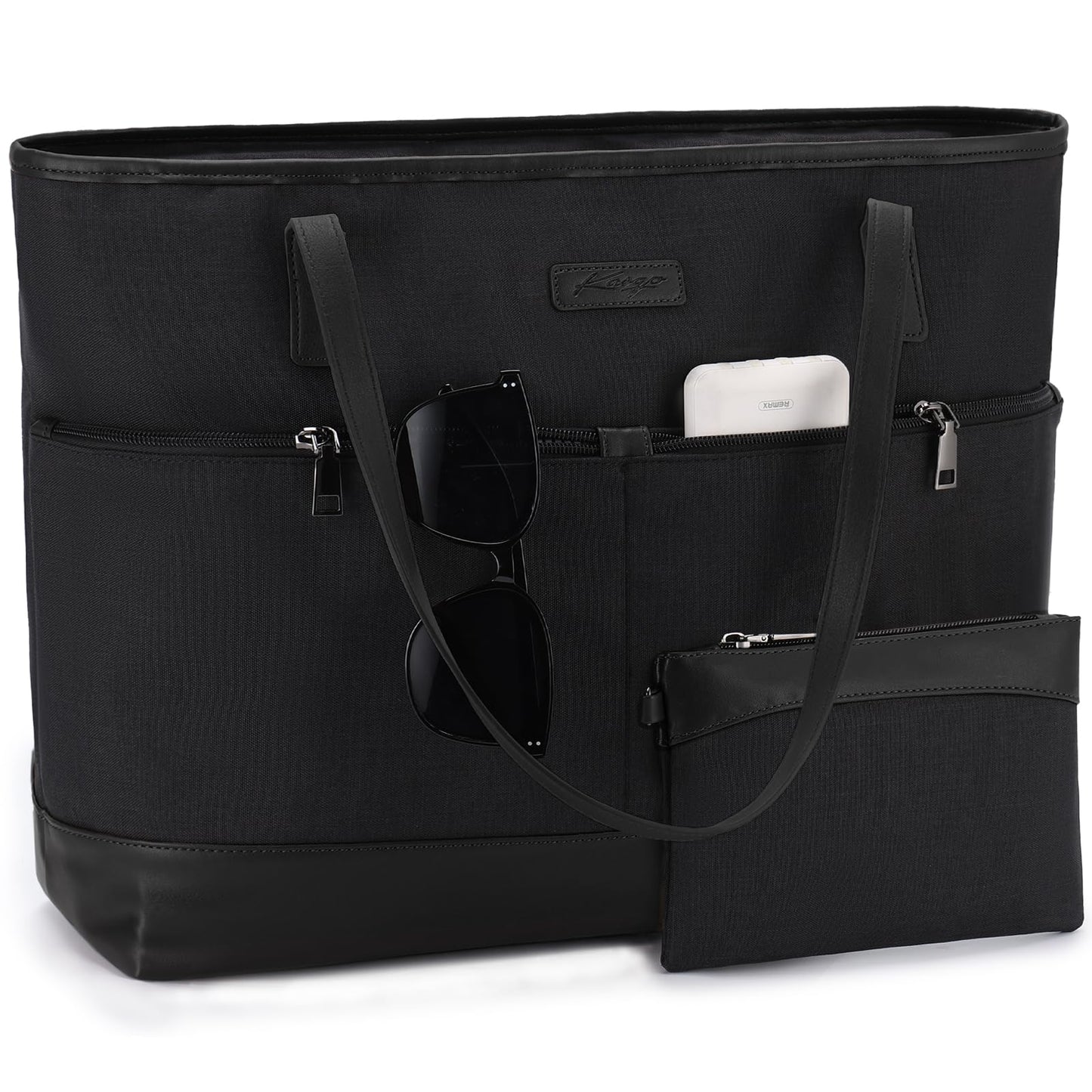 Kasgo women's handbag, large 16.8L shopper tote bag with 15.6-inch laptop compartment, water-resistant laptop bag, shoulder bag, work bag for work, travel, teachers with luggage sleeve, black.
