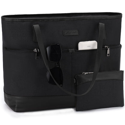 Kasgo women's handbag, large 16.8L shopper tote bag with 15.6-inch laptop compartment, water-resistant laptop bag, shoulder bag, work bag for work, travel, teachers with luggage sleeve, black.