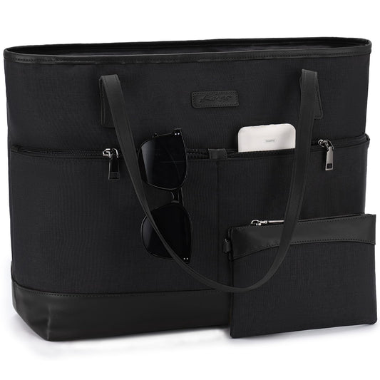 Kasgo women's handbag, large 16.8L shopper tote bag with 15.6-inch laptop compartment, water-resistant laptop bag, shoulder bag, work bag for work, travel, teachers with luggage sleeve, black.