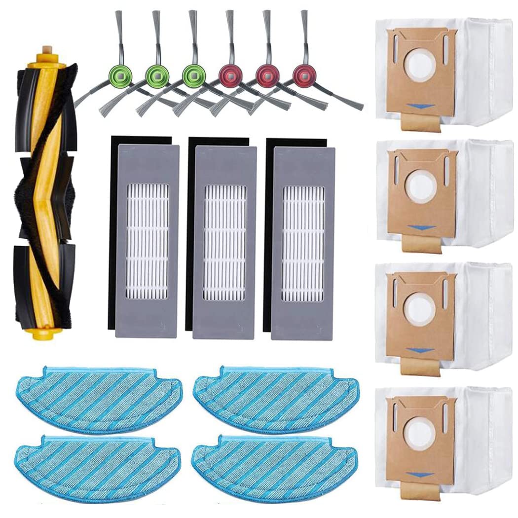 18 pieces of replacement accessories for Ecovacs Deebot N8/ N8+/ N8 Pro/ N8 Pro+/ OZMO T8/ T8+/ T8 AIVI/ T8 AIVI+/ T9/ T9+ vacuum cleaners, including 4 mopping cloths, 3 filters, 4 dust bags, 1 main brush, and 6 side brushes.