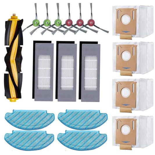18 pieces of replacement accessories for Ecovacs Deebot N8/ N8+/ N8 Pro/ N8 Pro+/ OZMO T8/ T8+/ T8 AIVI/ T8 AIVI+/ T9/ T9+ vacuum cleaners, including 4 mopping cloths, 3 filters, 4 dust bags, 1 main brush, and 6 side brushes.