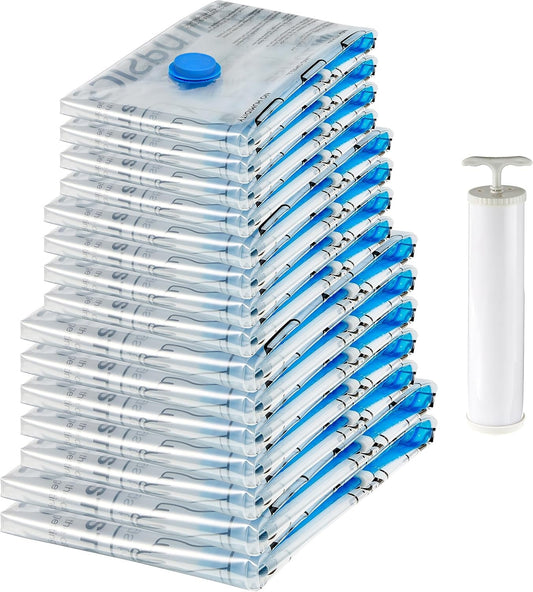 Amazon Basics Vacuum Bags for Clothes with Airtight Valve and Hand Pump - 2 x X-Jumbo, 5 x Jumbo, 4 x Large, 4 x Medium, 15-Pack, 15 pieces, 1-Pack, Zipper, Transparent