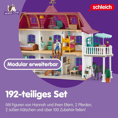 SCHLEICH Horse Club | Lakeside Equestrian Center 42551 | Set includes house with horse stable, 2 horses, Hannah, her parents & accessories | great gift for kids | horse toy for ages 5+ | 192 pieces