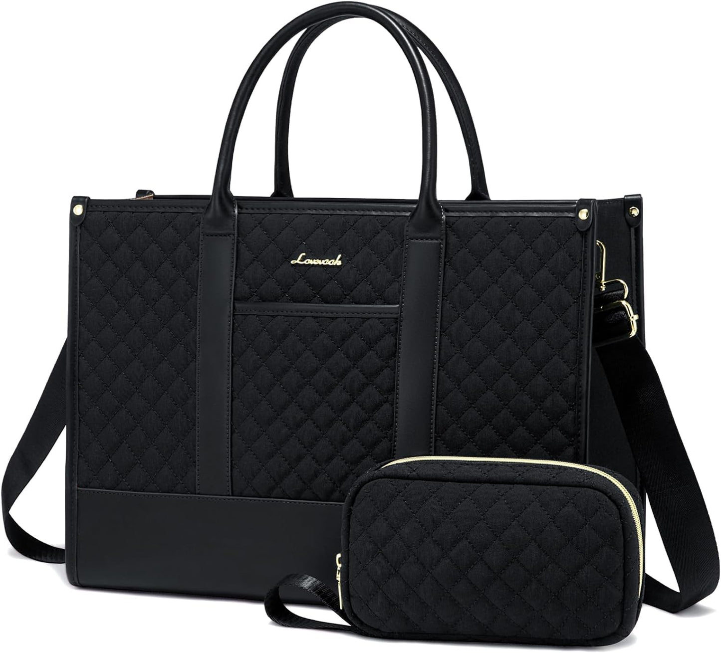 LOVEVOOK laptop bag for women 15.6 inch, waterproof work handbag large school bag shopper business briefcase teacher's bag, leather tote bag notebook bag for office university black