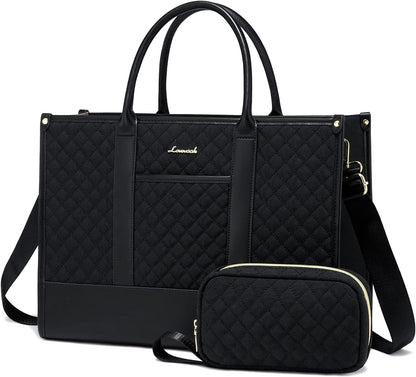 LOVEVOOK laptop bag for women 15.6 inch, waterproof work handbag large school bag shopper business briefcase teacher's bag, leather tote bag notebook bag for office university black