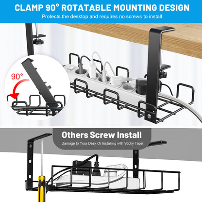 Lannvan Cable Management Desk without Drilling - 2 Pack Steel Desk Cable Organizer - Includes Accessories - Clampable Cable Tray Under Desk - Desk Organizer for Office/Home - Black