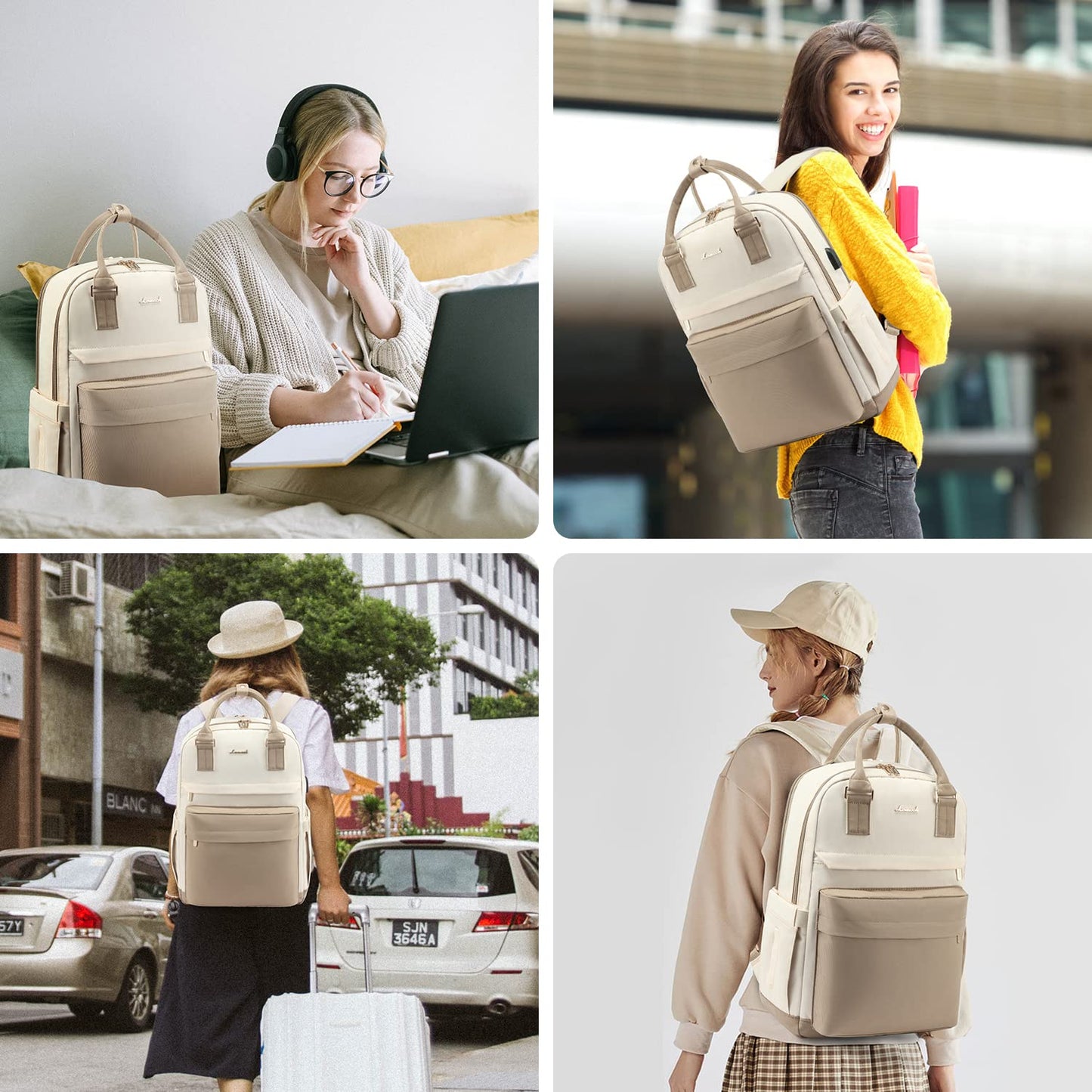 LOVEVOOK backpack for women, 15.6 inch laptop school backpack for girls teenagers with laptop compartment, waterproof school bag daypack elegant for school college travel work, khaki beige