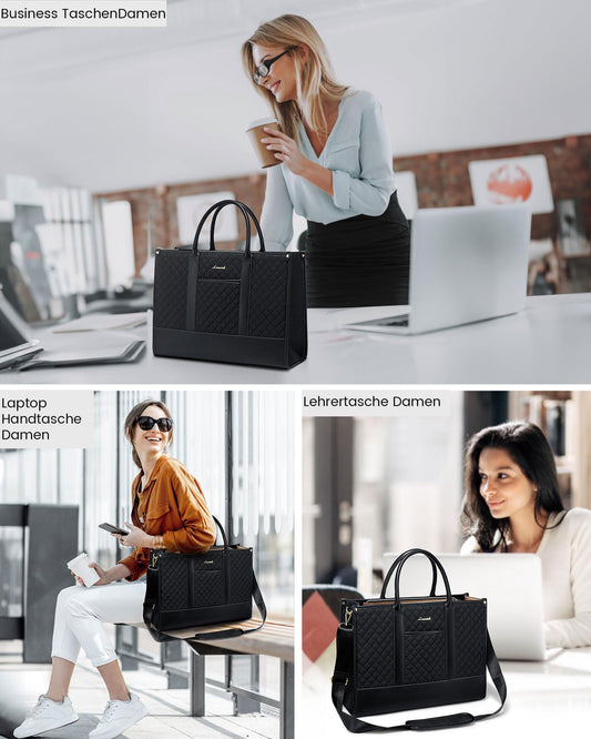 LOVEVOOK laptop bag for women 15.6 inch, waterproof work handbag large school bag shopper business briefcase teacher's bag, leather tote bag notebook bag for office university black