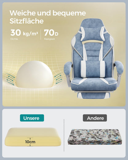 SONGMICS Office Chair with extendable footrest, headrest, lumbar support, adjustable height, ergonomic design, tiltable backrest, and weight capacity up to 330 lbs, sea blue-cream white OBG073Q01.