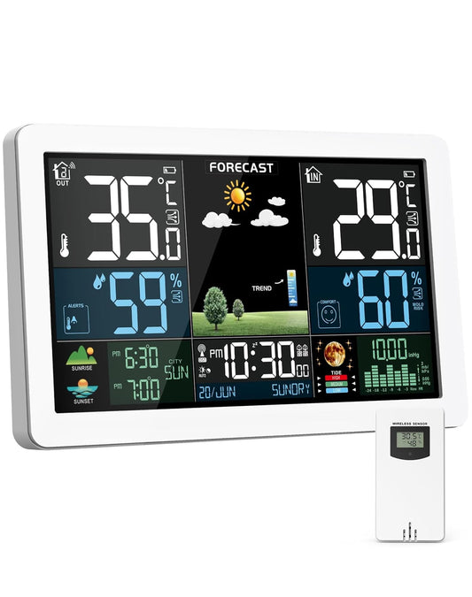 Weather station with wireless outdoor sensor, color display, weather forecast, temperature, humidity, alarm with snooze function, air pressure, 60m transmission range, for indoor and outdoor use.