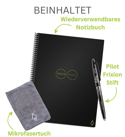 Rocketbook Core Reusable Digital Notebook - Executive A5 Black - Electronic Notepad with Dot Grid - ReWritable with incl. Pilot Frixion Pen and Microfiber Cloth