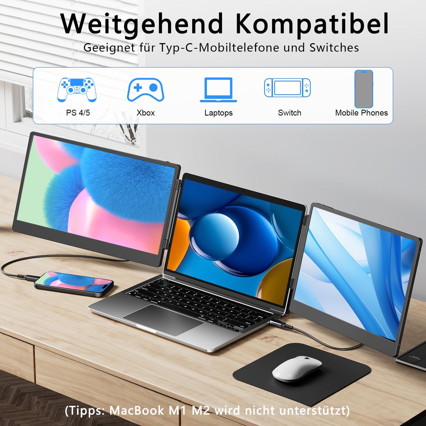 Portable monitor for laptop, 14” triple laptop screen extender, FHD 1080p portable monitor screen expansion, plug & play no driver compatible with Windows Mac Android.