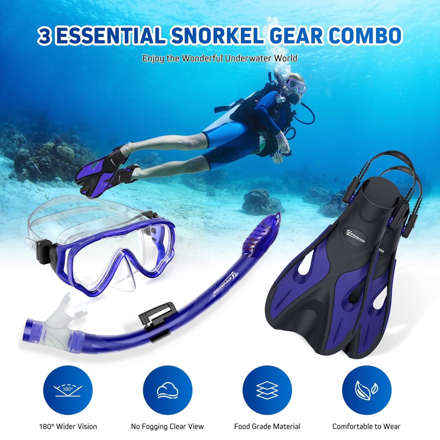 UPhitnis snorkel set for kids with fins, anti-fog 180° panoramic dive mask, adjustable flippers, and premium dry snorkel - 3 in 1 set with carrying bag
