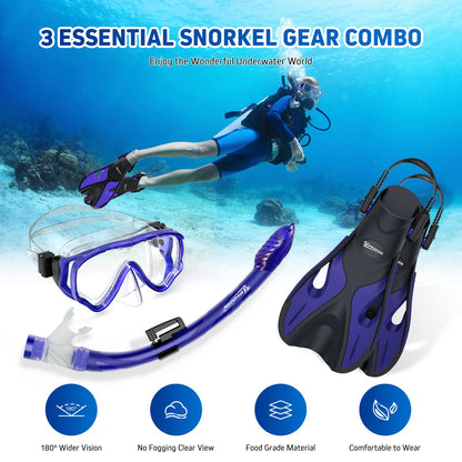 UPhitnis snorkel set for kids with fins, anti-fog 180° panoramic dive mask, adjustable flippers, and premium dry snorkel - 3 in 1 set with carrying bag