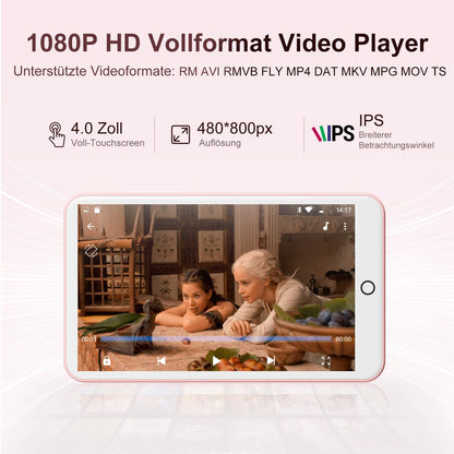 80GB MP3 player with Bluetooth and WLAN, MP3 & MP4 music player, Oilsky 4 inch 1080P touchscreen video player, portable Android Spotify player with Play Store app (Pink)