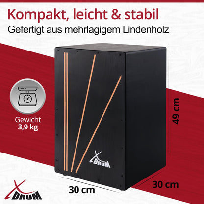 XDrum Cajon Primero Black - crate drum including backpack and school - drum box with snare sound - wooden drum box with gig bag