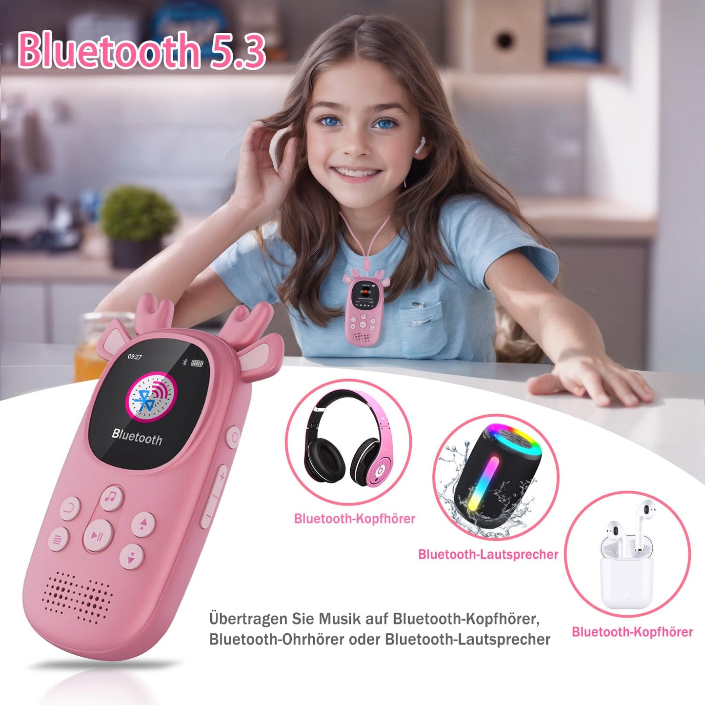 CCHKFEI 32GB MP3 Player Kids Bluetooth 5.3 Music Player, Bluetooth MP3 Player with Headphones & Speaker with FM Radio, Support One-Button Playback Recordings, Pedometer, Stopwatch