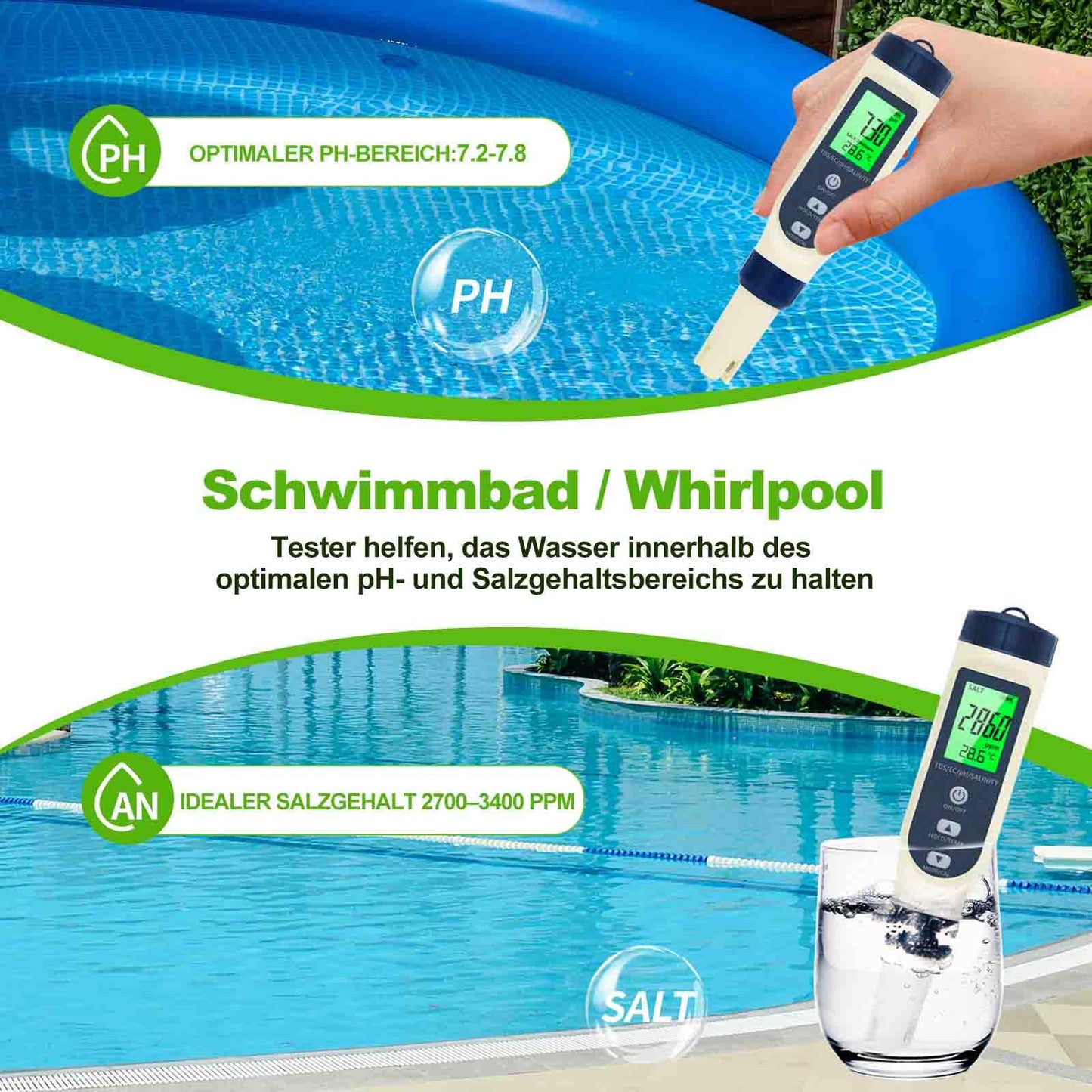 pH meter water, 5 in 1 pH/TDS/EC/Salinity/Thermometer tester with LCD display. Automatic temperature compensation, high precision for testing drinking water, pools.