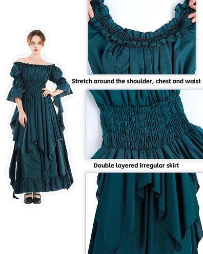 Fiamll Victorian Dress Renaissance Costume Women Gothic Witch Dress Medieval Maxi Dress Ladies Wedding Dress (Peacock Green L/XL)