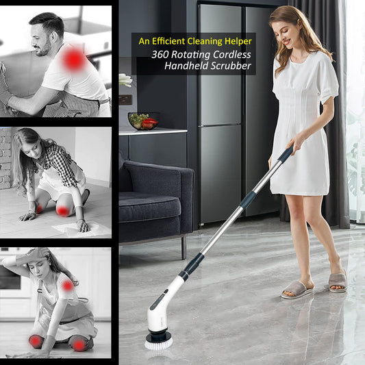 Electric cleaning brush, FARI shower cleaning brush with 8 interchangeable drill brush heads, cordless scrubber with adjustable handle, bathroom and shower cleaner.