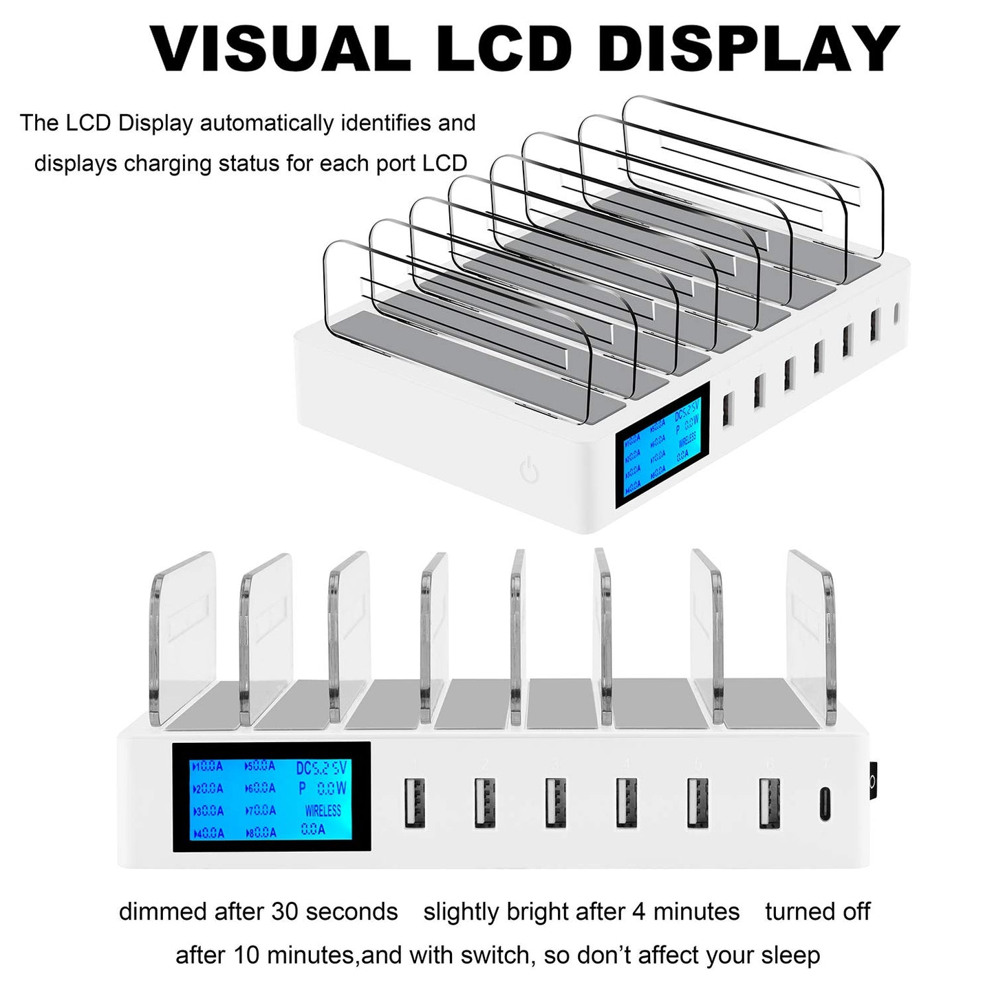 Charging station for multiple devices with 7 ports. Includes 7 short cables. Multi-device charging dock, 70W QC3.0 desktop station compatible with iPhone, iPad, Samsung, and other smartphones.