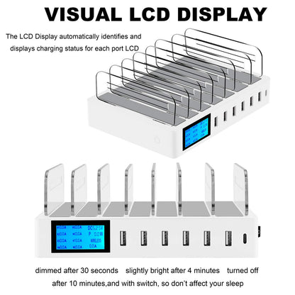 Charging station for multiple devices with 7 ports. Includes 7 short cables. Multi-device charging dock, 70W QC3.0 desktop station compatible with iPhone, iPad, Samsung, and other smartphones.