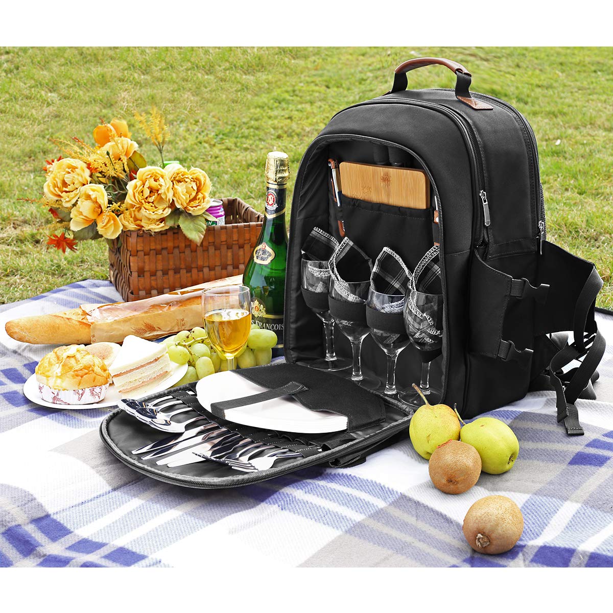 Sunflora picnic backpack for 4 people with blanket Picnic basket set for 2 with insulated cooler Wine bag for family couples (Black)