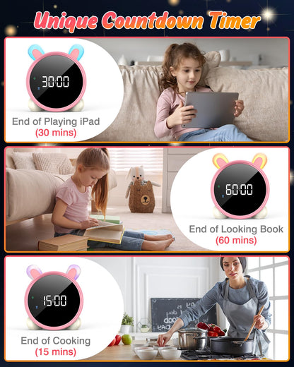 Lemnoi alarm clock for kids, kids sleep trainer for boys and girls, battery powered kids alarm clock light with night light, countdown, snooze function, 3 brightness levels, and colorful light.