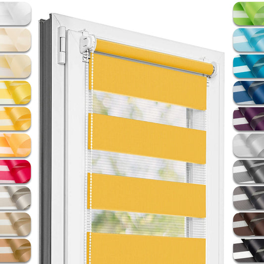 Estika Double Roller Blind Clamp Fix without drilling - 105 cm x 220 cm - Sunny - 27 fabric colors, day and night duo roller blind, blinds for windows without drilling, window privacy (105 cm fabric width)