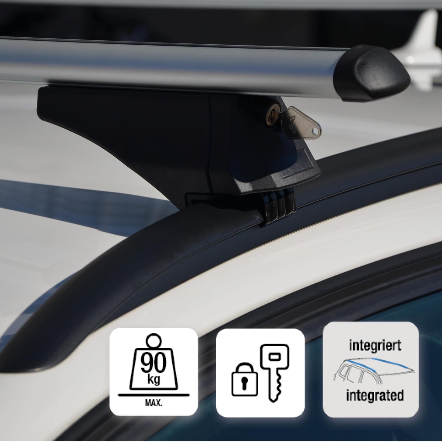 FISCHER roof bars CrossLine L, for bike racks, roof boxes or ski holders, for integrated roof rails, load capacity 75 kg, pre-assembled, including lock, bar dimensions 45 x 28 mm, bar length 120 cm.