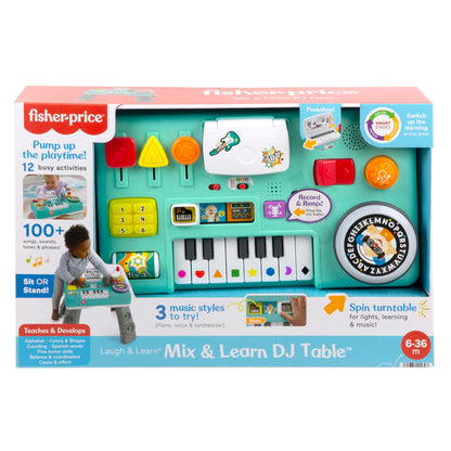 Fisher-Price Laugh & Learn DJ Play Table - musical learning toy with 3 piano play modes, lights, Version: UK English, HRB66