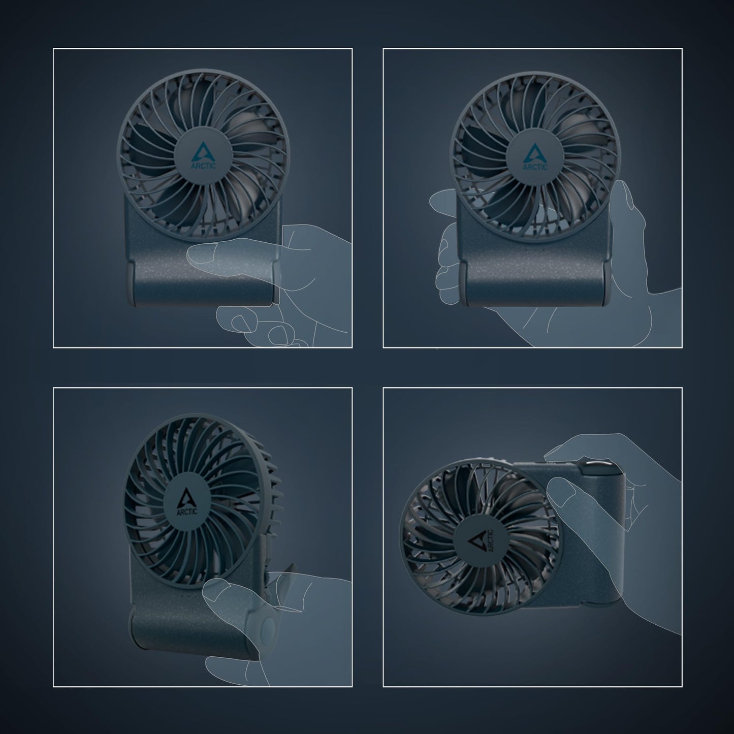 ARCTIC Summair 2Go - Rechargeable handheld fan with stand, infinitely adjustable, 4-77h runtime, USB-C connection (incl. USB-A cable) - Blue