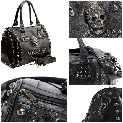Alwaysky Women's Skull Handbag Large Capacity Gothic Shoulder Bag Studded Doctor Handbag, Black