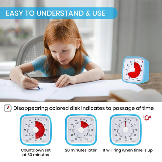 Visual timer, Yunbaoit Improved 60 minute countdown timer for kids adults with low battery alarm, quiet time management tool with optional alarm (Blue)