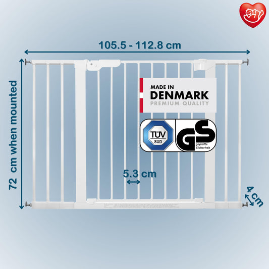 BabyDan Premier, wide stair gate for clamping, 105.5-112.8 cm, door guard / barrier / baby gate / safety gate, metal, white, Made in Denmark (dog gate)