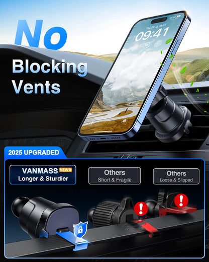VANMASS Military-Grade Car Phone Holder - for MagSafe Car Mount - Strong Magnetic Phone Holder for iPhone 16 15 14 13 12 Pro Max Plus Mini, Magsafe Case, All Smartphones.