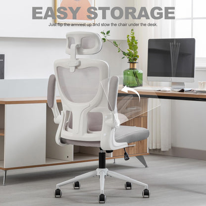 LIYURUI Ergonomic Office Chair, Adjustable Desk Chair with Headrest/self-adaptive Lumbar Support/padded flip-up Armrest, breathable 125° Rocking 360° Swivel Chair, gray