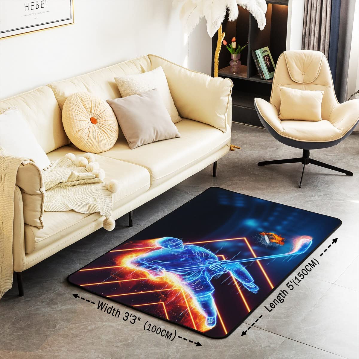 Loussiesd Ice Hockey Living Room Carpets Hockey Player Accent Rug Children Winter Sports Decor Modern Carpet Puck Hockey Indoor Floor Mat Room Decor Carpet 150x200cm