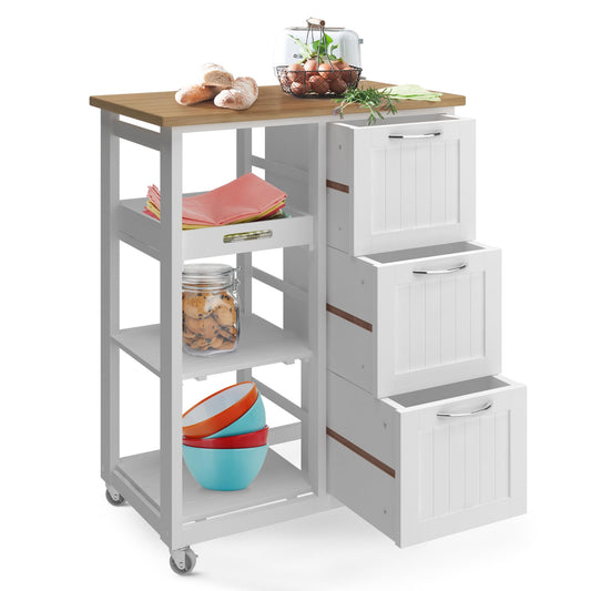 MIADOMODO® Kitchen Trolley on Wheels - 3 Drawers, 3 Levels, Worktop, Wood/MDF, 67x37x87cm, White - Serving Cart, Rolling Cart, Kitchen Trolley, Country Style Kitchen Cabinet, Side Cart, Kitchen Shelf
