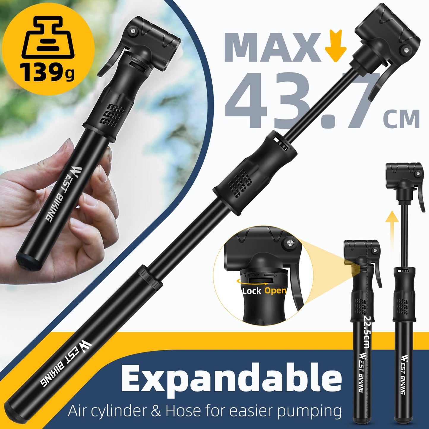West Biking Mini Bike Pump - Aluminum Bicycle Air Pump for all valves, portable small bike pump, quick tire inflation. Lightweight mini bike pump for MTB road bike ball pump.