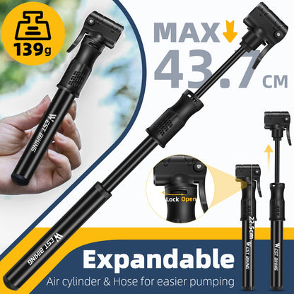 West Biking Mini Bike Pump - Aluminum Bicycle Air Pump for all valves, portable small bike pump, quick tire inflation. Lightweight mini bike pump for MTB road bike ball pump.