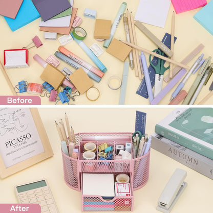 DHGKVK Desk Organizer, desk pen holder, Mesh Metal Desktop Office Organizer with 8 pen holders and 1 drawer, saves space at home, school, or office. (Pink)